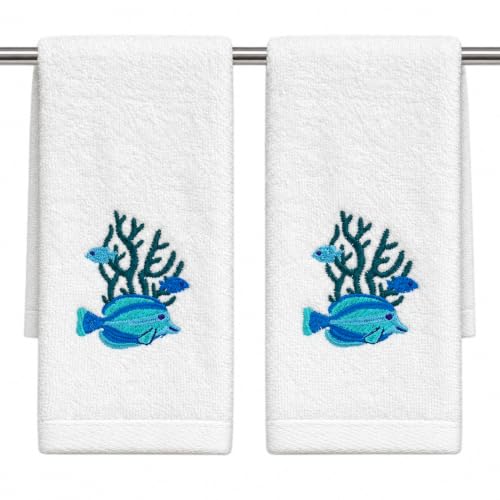 "Summer Soft Absorbent Bathroom Coastal Guest Embroidered Fingertip Towels: Sealife Fish Coral Design, 2 Piece 12"" x 18"" Inches"