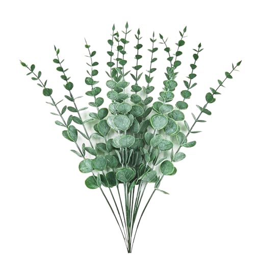 ABAJI Plastic Eucalyptus Green Spraying Frost Stems 12 Fake Faux Decorations Artificial Leaves Greenery Plant Leaf Home Office House Table Desk Decor Wedding Party Vase Forever Live