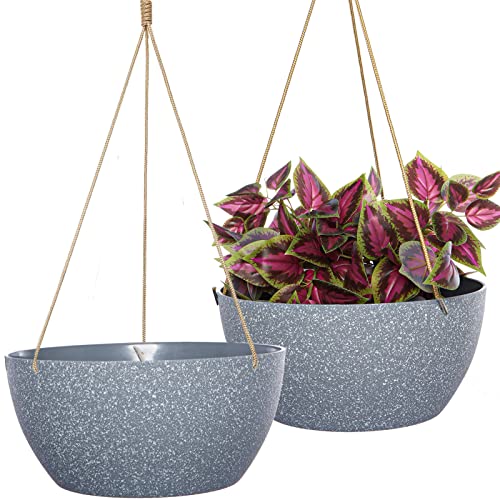 SwinDuck 12 Inch 2 Pack Large Hanging Planters for Indoor Outdoor Plants, Plastic Hanging Basket Pots for House Plants Flowers, Grey