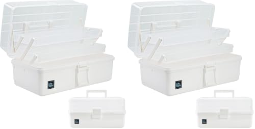 Creahaus 13inch 3 Layer Multipurpose Storage Box, Craft Storage Box with Compartments, Plastic Tool Box, Medicine storage box, Hair Accessories Organiser, Sewing Box with 2 Trays (White) (Pack of 2)