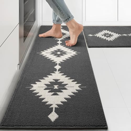 "UNIBATH Kitchen Floor Mats Boho Non-Slip,Washable Anti-Fatigue Standing Mat,Absorbent Resist Dirt Kitchen Runner Rugs,100% Polypropylene Rug for Sink Home Office, Aztec (Gray, 24""x35""+24""x59"")"