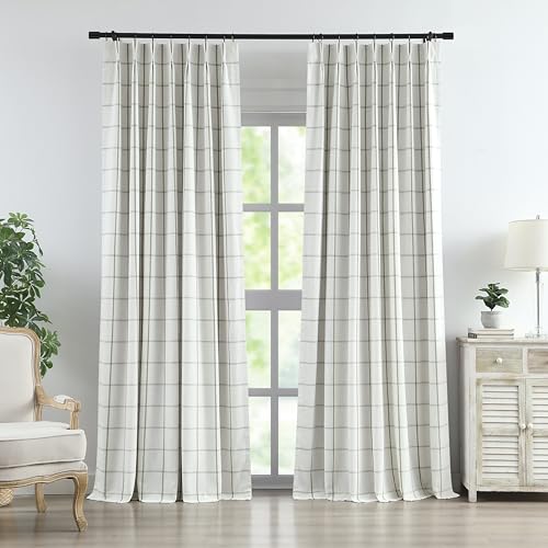 "Vision Home Sage Green Plaid Linen Pinch Pleated Full Blackout Curtains Checkered Thermal Insulated Window Panels 90 inch for Bedroom Living Room Darkening Rustic Pleat Drapes with Hooks 40"" Wx90 Lx2"