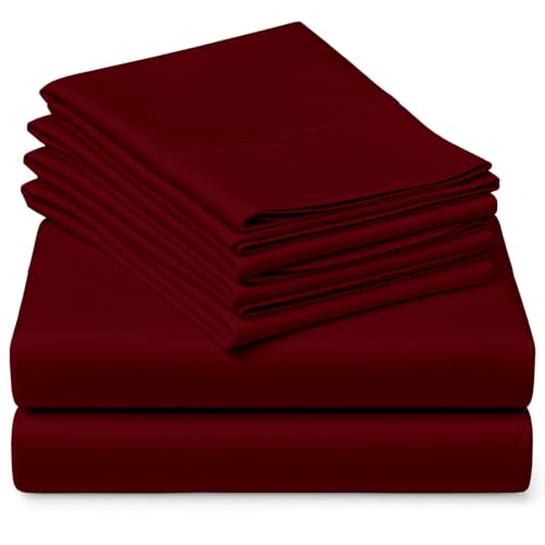 "Mattress-Homes Extra Deep Pocket 6 Piece Cal-King Sheet Set, Hotel Luxury Collection, 100% Egyptian Cotton, 21"" Deep Fitted Sheet, Soft, Cool & Breathable Bedding with 4 Pillowcases in Burgundy Solid"