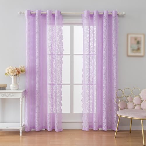 Anytime Purple Lace Sheer Curtain Panels for Living Room Elegant Window Treatment Sets Light Filtering Translucent Draperies for Office (2 Panels,W55 x L63inch)