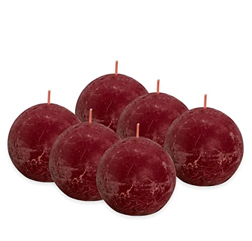 Bolsius Rustic Ball Candle - Bordeaux Red - Pack of 6 - Diameter 7.6 cm - Decorative Candle - Length Burning Time 25 Hours - Unscented - Contains Natural Plant Wax - Without Palm Oil