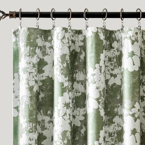 GIGIZAZA Floral Green Short Curtains 63 Inch, 2 Panels Set Blackout Thick Vintage Flower Chenille Texture Window Treatments Drapes Room Darkening Thermal Insulated Boho Curtain Bedroom Drapes