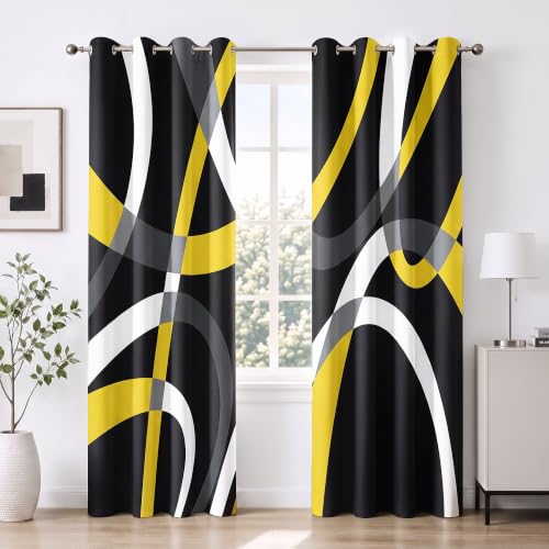weesire Modern Blackout Curtains for Bedroom Living Room 2 Panels 100% Blackout Black and Yellow Circle Pattern Curtains Abstract Stripe Curtains, 52x96 Inches