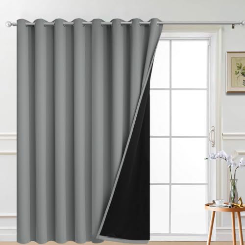 Yakamok Dove Grey Blackout Patio Door Curtain Panels W100 x L96,1 Panel - Noise Reducing Barrier Panel for Sliding Glass Door, 2 Thick Layers Heat Full Light Blocking Patio Door Drapery