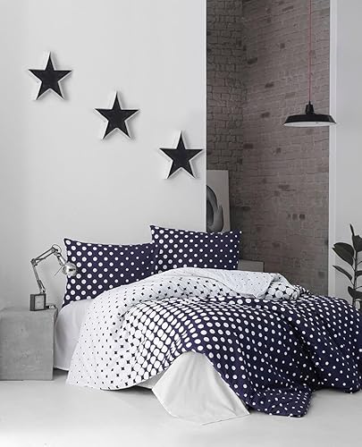 Nuit Des Rêves Premium Ranforce Double Quilt Cover Set (200 x 200 cm), Dark Blue & White, 100% Cotton, 140 Thread Count, Machine Washable, Envelope & Button Closure, Stylish & Comfortable Bedding