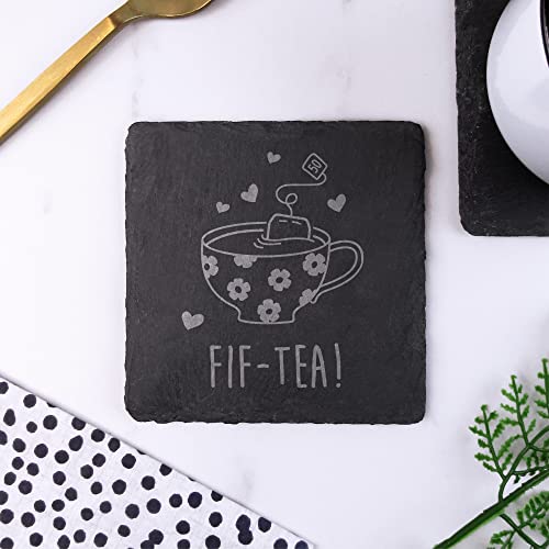 eBuyGB Engraved Square Slate Coaster -FIF-Tea Design - 50th Birthday Gifts for Women, Her - Fiftieth Birthday Gift for Mum, Friend, Sister, Grandma - Drinks Mat