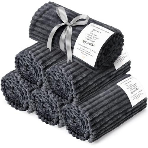 Moukeren 6 Pack Inspirational Gifts Textured Thank You Blankets Bulk 50 x 60 Inch Fuzzy Cozy Throws with Motivational Quote, Soft Flannel Fleece Throws for Teacher Friend Family(Dark Gray,Dedicated)