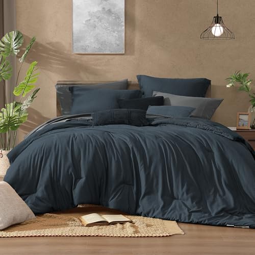 Monbix Full Comforter Set 7 Pieces Navy Blue Cationic Dyeing Bed in a Bag - Lightweight Reversible All Season Bedding Sets with Comforter, Sheets, Pillowcases & Shams