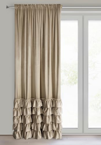 Eurofirany CARLI Velvet Curtain with Ruffle, Velvet Curtain with Ruffle Tape, 1 Piece, Opaque, Blackout, Exclusive Curtain for Living Room, Bedroom, 140 x 270 cm, Dark Beige