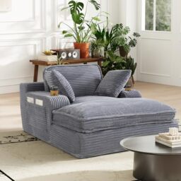 COLAMY Chaise Lounge Chair, Corduroy Single Sofa Bed with Pillow & Cup Holders, Double Layer Cushion Lounger Chair for Living Room, Bedroom or Guest Room, No Assembly Needed, Grey