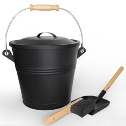 VOUNOT® Metal Ash Bucket with Lid, Shovel and Hand Broom, 5L Coal Bucket Wood Burning Stove Bin Fireplace Accessories, Black