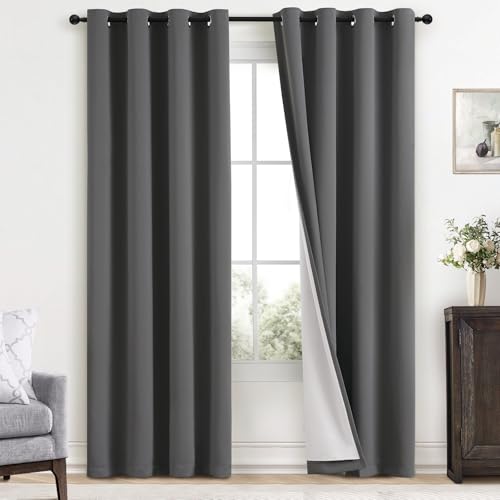 Yakamok Room Darkening 100% Blackout Curtains Grommet Window Treatments with 2 Thick Layers-Charcoal Grey Thermal Insulated Drapes Set of 2 Panels for Bedroom Living Room 52 Inches by 84 Inches Length