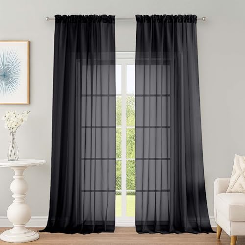 "OWENIE Black Sheer Curtains, Sheer Curtains 96 inches Long 2 Panels Set, Rod Pocket Voile Fimly Sheer Drapes for Living Room/Bedroom, 2pcs, Each 59"" W x 96"" L"