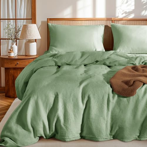 LBRO2M 100% France Linen Duvet Cover Set Full Size 3 Pcs Natural Flax Comforter Cover with Zipper Closure 2 Pillowcase Breathable Duvet Cover (Green Full)