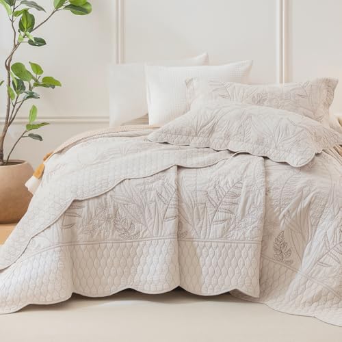 "Masaca Oversized King Bedspread 128""x120"",Wheat Leaves Pattern Stitching King Quilt Bedding Set Oversized,3 Pieces Soft Lightweight Botanical Extra Large Farmhouse Bedspread & Coverlet Sets"