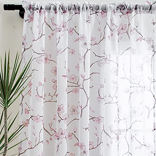 Linentalks Pink Cherry Blossom Sheer Curtains 240cm Long for Living Room Bedroom 2 Panels