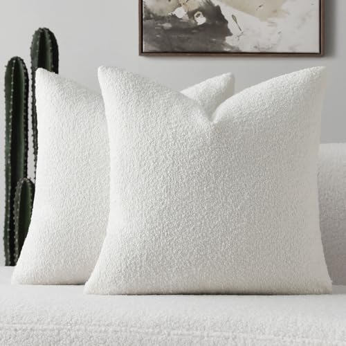 FUTEI Pack of 2 White Decorative Throw Pillow Covers 18x18 Inch Soft Cozy Solid Boucle Textured Cushion Case,Modern Home Decor for Couch Bed Living Room