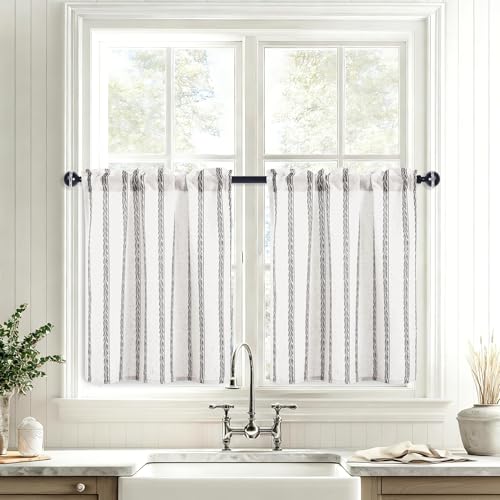 JIUZHEN Farmhouse Striped Linen Kitchen Curtains 2 Panels - Short Tier Drapes 36 Inch Length, Rod Pocket Rustic Window Treatment for Bathroom Living Room, Wheat Stripe Grey