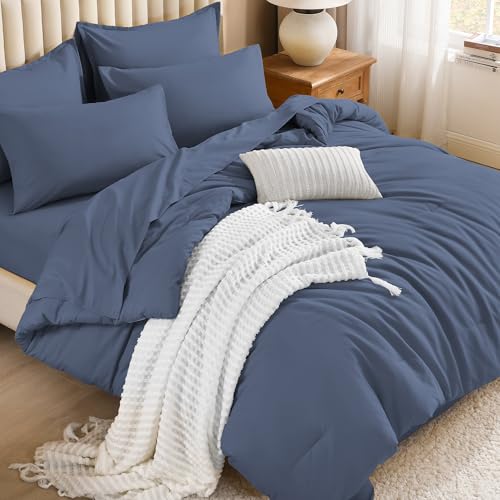 Litanika King Comforter Set with Sheets - 7 Pieces Solid Bed in a Bag - Bluish Grey Fluffy Lightweight Soft Warm Down Alternative Solid All Season Bedding Set