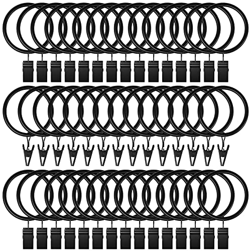 Lansian 72 Pack Curtain Rings with Clips Hooks 1.26 in Diameter Rustproof - Matte Metal Stainless Steel Drapery Rings for Tension Rod Bracket Eyelets Decorative Hanger, Fits 1 in Rods, Black