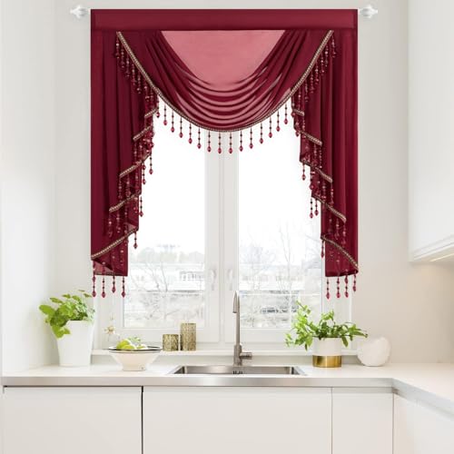 VOGOL Burgundy Red Swag Valance for Farmhouse, 1 Panel Soft Lightweight Sheer Voile Waterfall Curtains for Dining Room, Vintage Style Window Treatments with Tassels, 39 Inches Wide