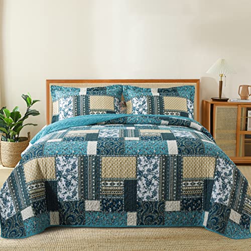 BEDIFANY 3 Pieces Cotton Quilt Sets, Soft Bedspread Queen Size Lightweight Boho Quilt, Farmhouse Quilt Bedding Sets for Bed Decorations for All Seasons (Floral Blue), Queen (90 * 98 in)