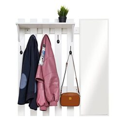 Meerveil Wall Mounted Coat Rack with Mirror, 5 Hooks, White