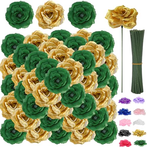 108pcs Roses Head Flowers with Stem - Emerald Green Gold Artificial Flowers Rose Bulk - Silk Rose Fake Flower for Wedding Bouquet Decor DIY Baby Shower Centerpieces St Patrick's Day Decoration