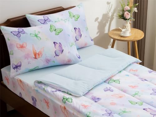 NTBED Bow Printed Zipper Bedding Sets Twin for Kids Girls Lightweight Microfiber Butterfly Comforter Set with Fitted Sheet Pillow Covers,Blue Purple