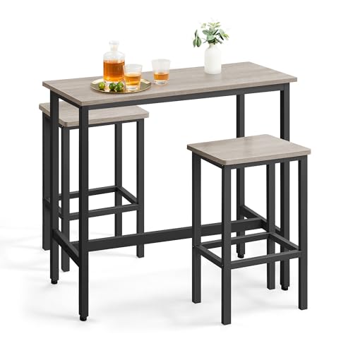 VASAGLE Dining Table Set, Bar Table and Stools, Breakfast Bar Table with 2 Rectangular Bar Stools, Industrial Steel Frame, Heather Greige and Ink Black LBT218B02
