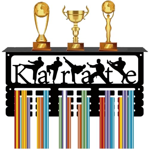 CREATCABIN Karate Medal Hanger Display Medal Holder with Shelf Trophy Rack Sports Iron Frame Wall Mount Metal Medal Hooks Organizer for Hanging Medals Awards Kongshoudao Taekwondo 15.7 x 7.9Inch Black
