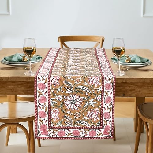 Ridhi Hand Block Printed Table Runner 16x106 ??? Biscotti Yellow Cotton Runner for Dining Table Picnic Beach Outing Garden Setup Patio Farmhouse and Boho D??cor Buffet Table Decoration for Occasions