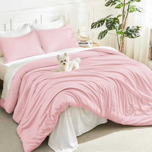 Litanika Pink Queen Comforter Set, 3 Pieces Lightweight Solid Bed Set - Soft Fluffy Down Alternative All Season Quilt Blanket