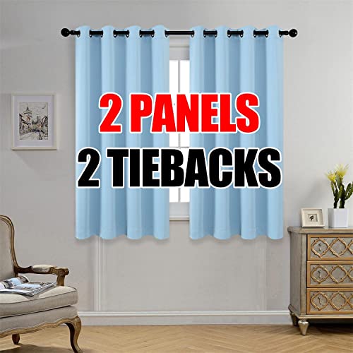 MIUCO 1 Pair Thermal Insulated Grommet 52-Inch-by-63-Inch Blackout Window Curtain Panels with 2 Tie Backs, Sky Blue