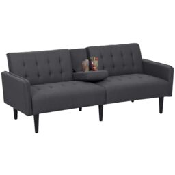 HOMCOM Click Clack Sofa Bed, Linen-Feel Fabric 3 Seater Sofa for Living Room/Spare Room/Guest Room, Bed Settee with Cup Holders, Grey