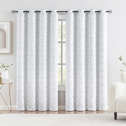 "Purainbow White Blackout Curtain Panels for Bedroom 84"" Silver Foil Moroccan Metallic Print Energy Efficient Drapes for Bedroom Living Room, Thermal Insulated Window Treatments Grommet Top 2 Panels"