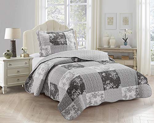 "Brilliant Sunshine Grey Toile and Floral Quilt Twin Size, Patchwork Design Bedding Set with Sham, Soft Lightweight Coverlet for All Seasons (68""x90"")"
