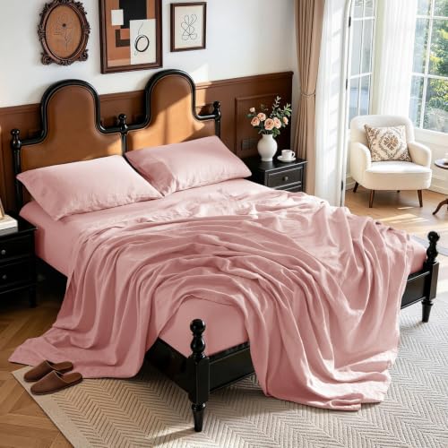 "LBRO2M 100% French Organic Linen Sheet Set, 19"" Deep Pocket King Size 4 Pcs - Natural Flax Bed Sheet, Soft, Breathable,Durable Sheets, Cozy for All Year Round, Ideal for Hot Sleepers, Blush Pink"
