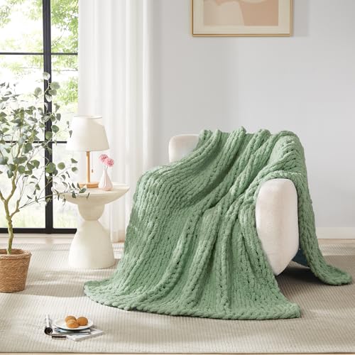 L'AGRATY Chunky Knit Throw Blanket for Couch, 72 x 84 Inches, Sage Green - Handmade Chenille Crochet Blanket for Sofa Bed, Thick Cable Knitted Blankets for Room Home Decor, Birthday Gift for Women Mom