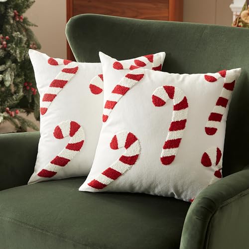 Sonvie Christmas Cushion Covers Set Of 2 with Large Candy Cane Decor for Christmas, Soft Decorative Square Throw Pillow Cover 45x45cm (18x18 in), Pillows Cases for Bedroom Sofa Couch Decorations