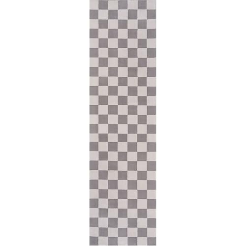 THE RUGS Living Room Rug, Loft Collection – Modern Textured 14mm Soft Pile Area Carpet, Non-Shedding & Easy Care [ Checkerboard Grey, 80x300 cm]