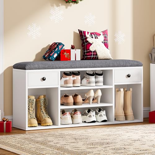 YITAHOME Shoe Bench, Storage Bench with Padded Seat, with Cushion, Shoe Storage Bench with 2 Fabric Drawer and Open Compartments, for Living Room, Hallway, White and Grey