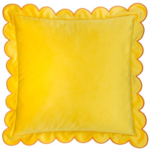 furn. Lil Scallop Polyester Filled Cushion – Colourful Velvet Piped Scalloped Edge Decorative Pillow (Lemon/Ginger – 45x45cm)