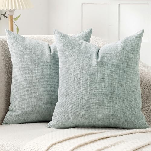 Jepeak Decorative Throw Pillow Covers Pack of 2 Chenille Cozy Modern Concise Cushion Cases for Bedroom Sofa Couch Home Decoration, Lightcyan+brown Thread, 24 x 24 Inches