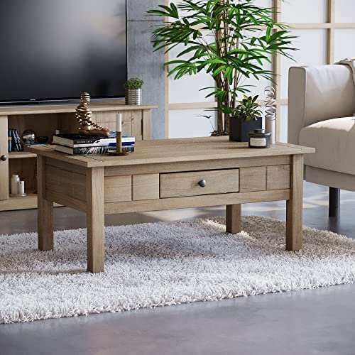 Vida Designs Panama 1 Drawer Coffee Table, Rustic Living Room Furniture, Natural Oak Wood, Wax Finish