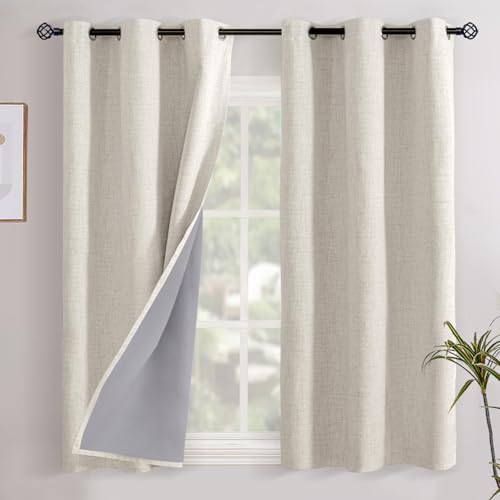 YoungsTex Natural Linen Blackout Curtains 40 Inches Long for Short Window - Room Darkening Drapes Thermal Insulated with Grommet Privacy for Bathroom Kitchen Bedroom, 2 Panels, 42 X 40 Inch